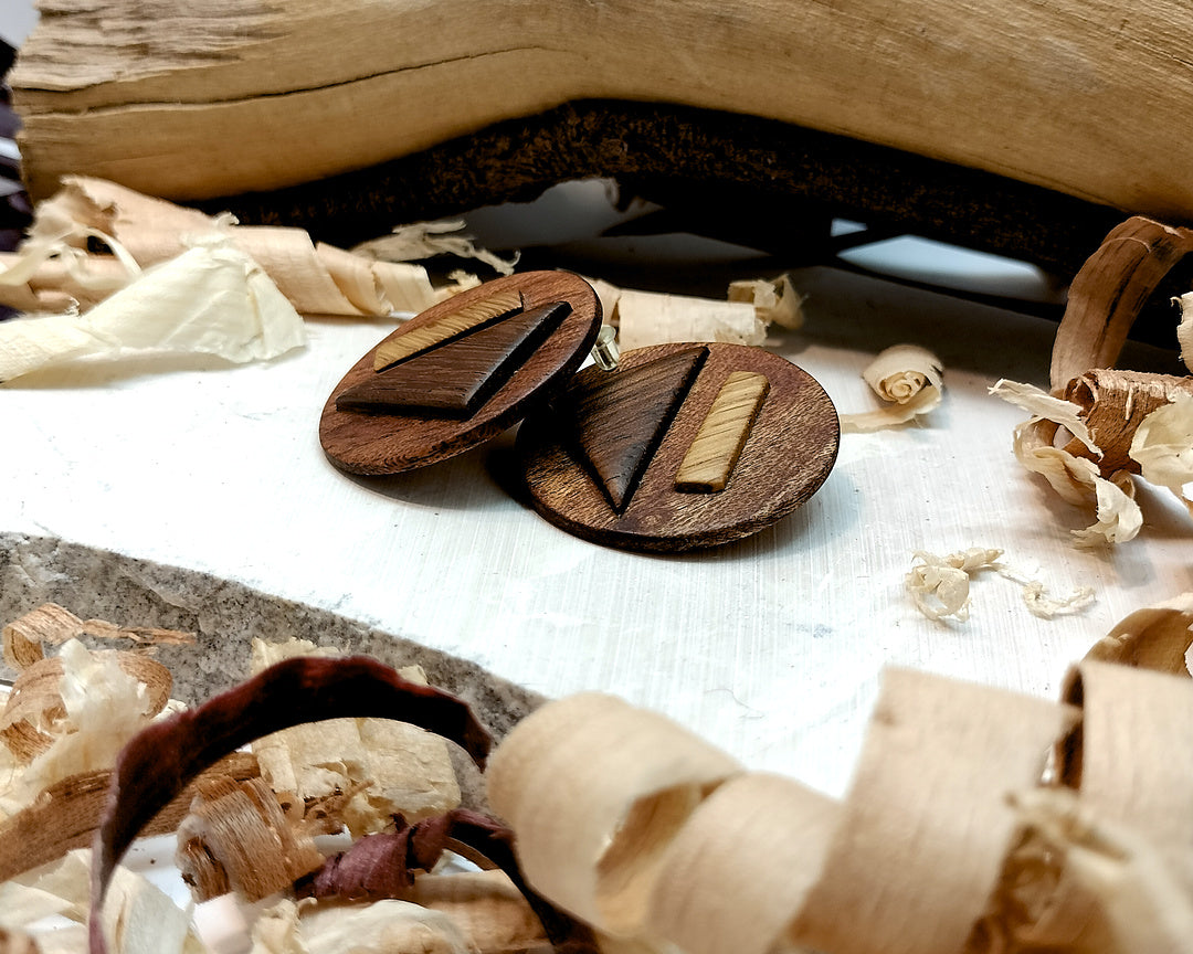 Round stud earrings "The Triad Collection" from Meranti, Iroko and Oak wood