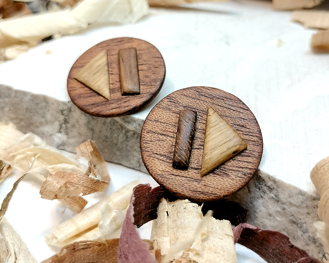 Round stud earrings "The Triad" from Meranti, Iroko and Oak wood