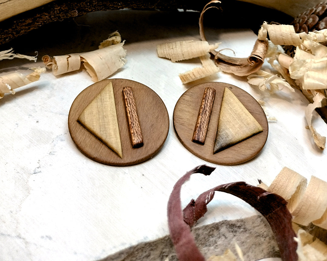 Round stud earrings "Play - Pause" from Walnut, Meranti and Zebrano wood