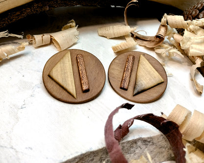 Round stud earrings "Play - Pause" from Walnut, Meranti and Zebrano wood