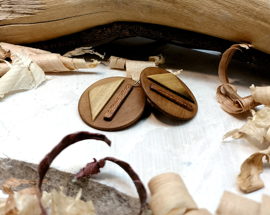 Round stud earrings "Play - Pause" from Walnut, Meranti and Zebrano wood