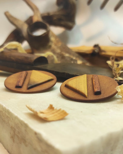 Round stud earrings "Play - Pause" from Walnut, Meranti and Zebrano wood
