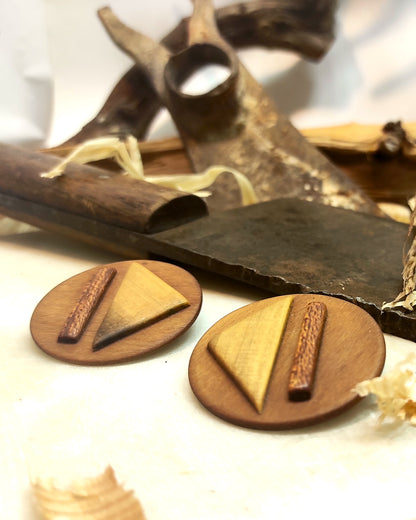 Round stud earrings "Play - Pause" from Walnut, Meranti and Zebrano wood