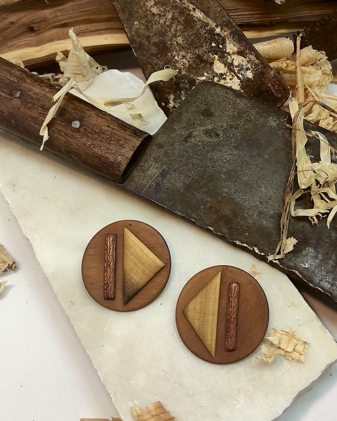Round stud earrings "Play - Pause" from Walnut, Meranti and Zebrano wood