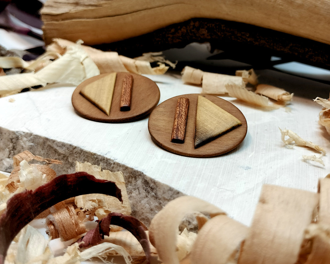 Round stud earrings "Play - Pause" from Walnut, Meranti and Zebrano wood