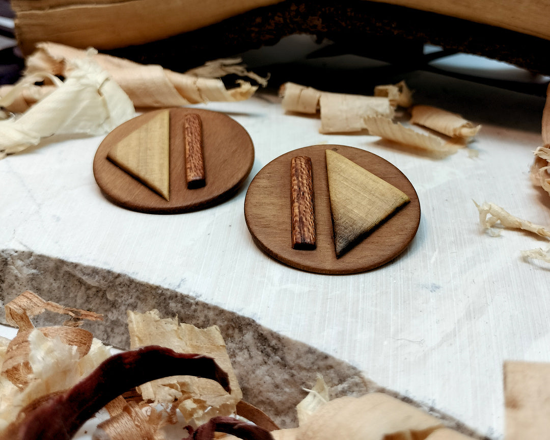 Round stud earrings "Play - Pause" from Walnut, Meranti and Zebrano wood