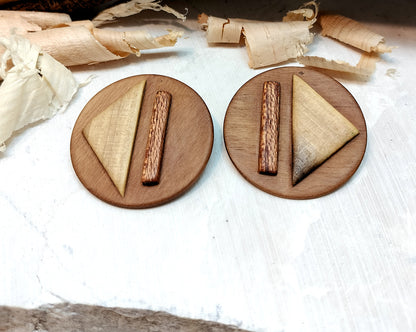 Round stud earrings "Play - Pause" from Walnut, Meranti and Zebrano wood
