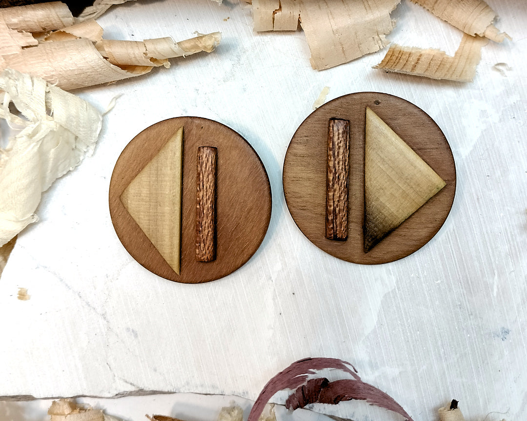 Round stud earrings "Play - Pause" from Walnut, Meranti and Zebrano wood