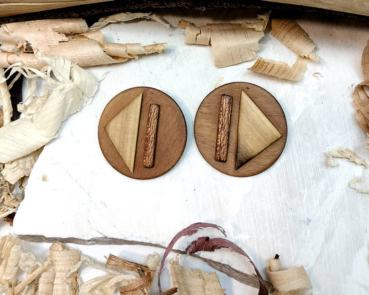 Round stud earrings "Play - Pause" from Walnut, Meranti and Zebrano wood