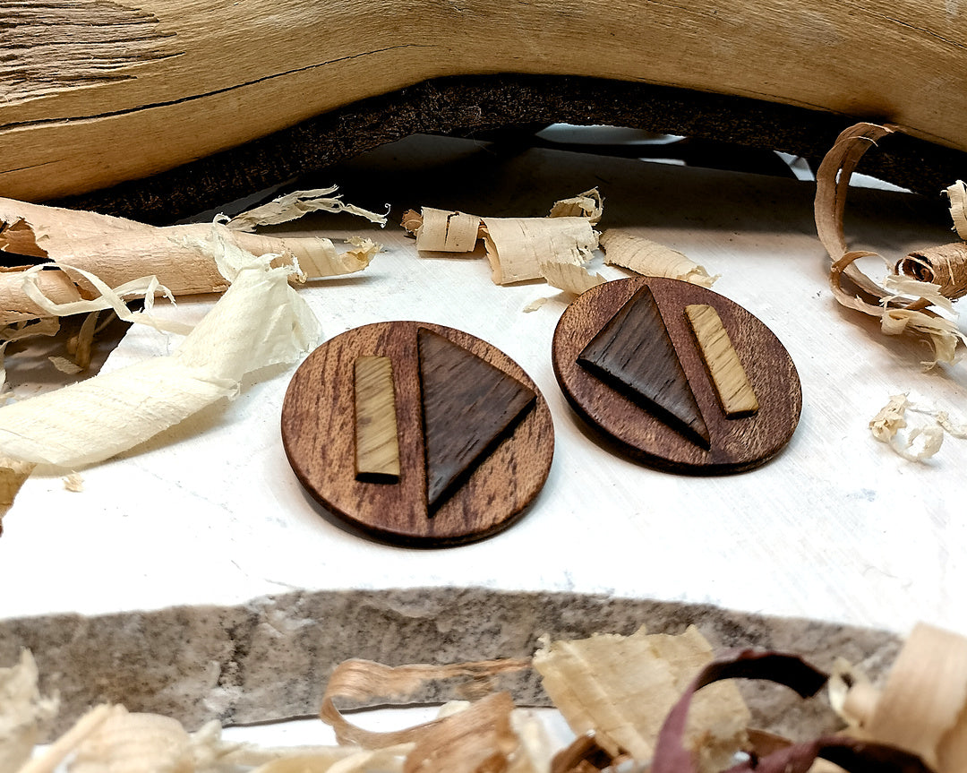 Round stud earrings  "The Triad Collection" from Meranti, Iroko and Oak wood