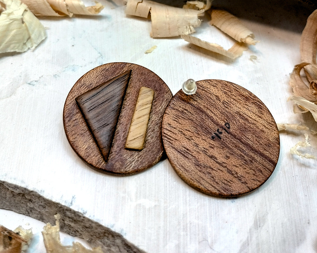 Round stud earrings  "The Triad Collection" from Meranti, Iroko and Oak wood