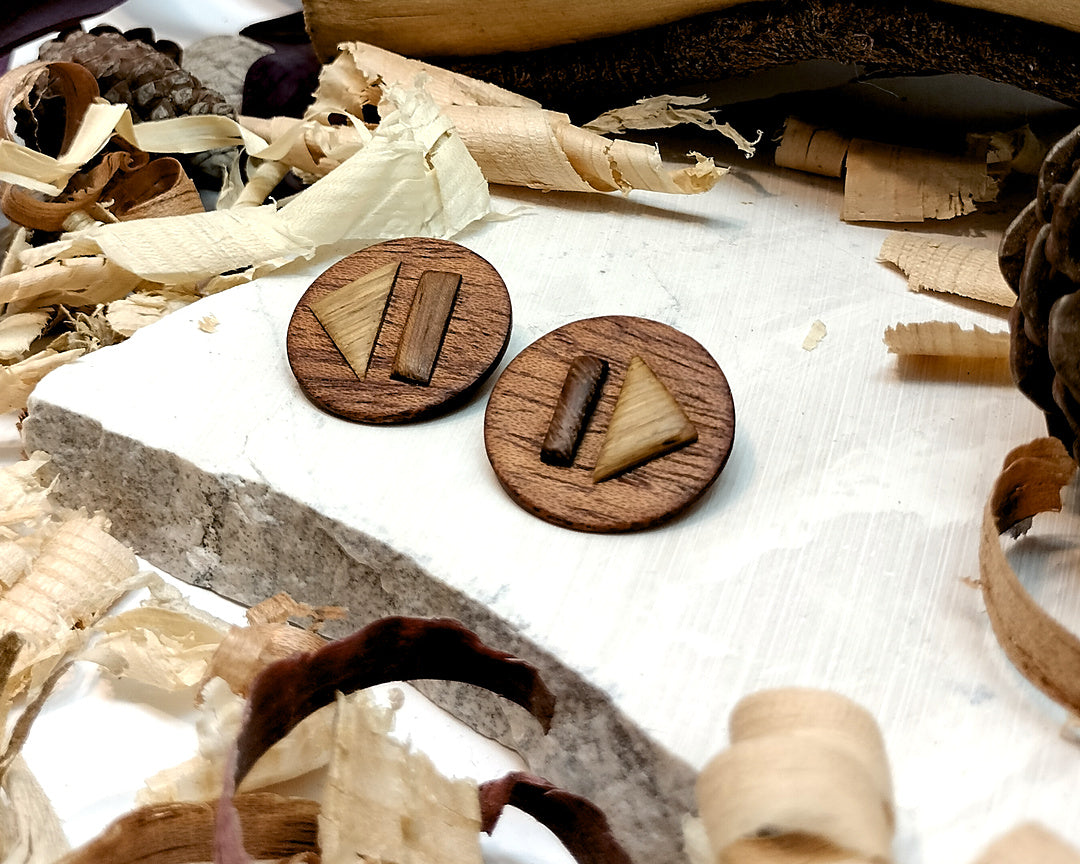 Round stud earrings  "The Triad Collection" from Meranti, Iroko and Oak wood