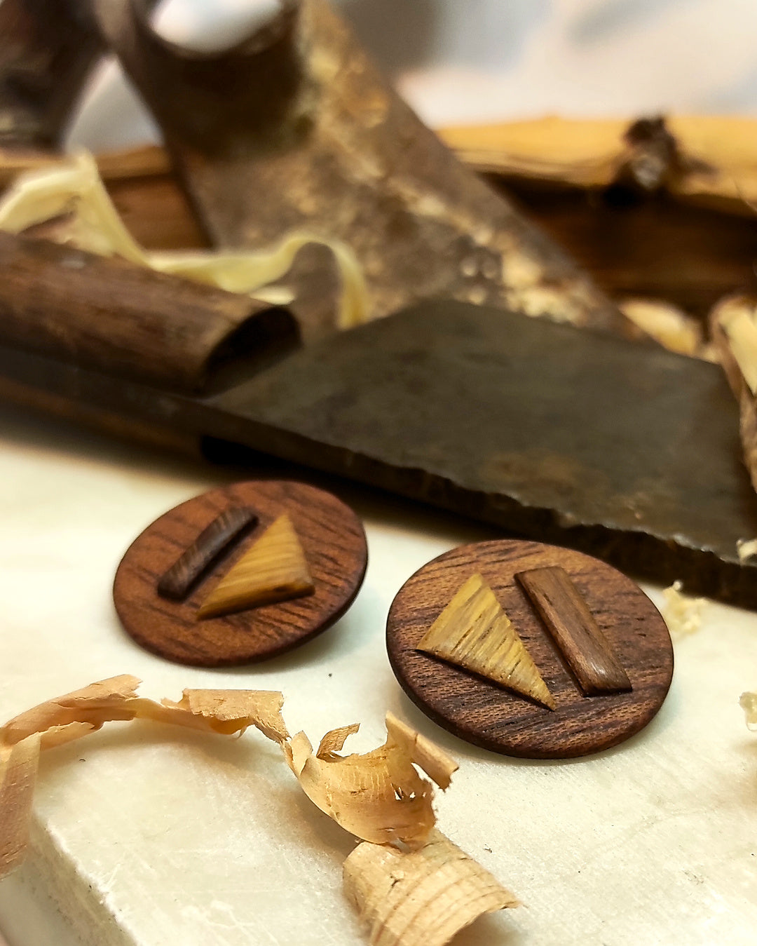Round stud earrings  "The Triad" from Meranti, Iroko and Oak wood