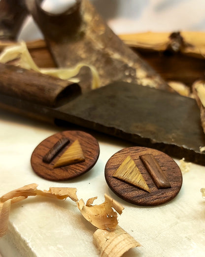 Round stud earrings  "The Triad" from Meranti, Iroko and Oak wood
