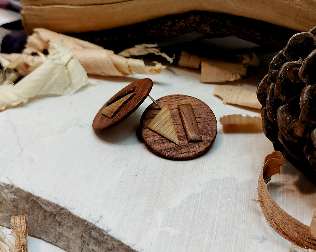 Round stud earrings  "The Triad" from Meranti, Iroko and Oak wood
