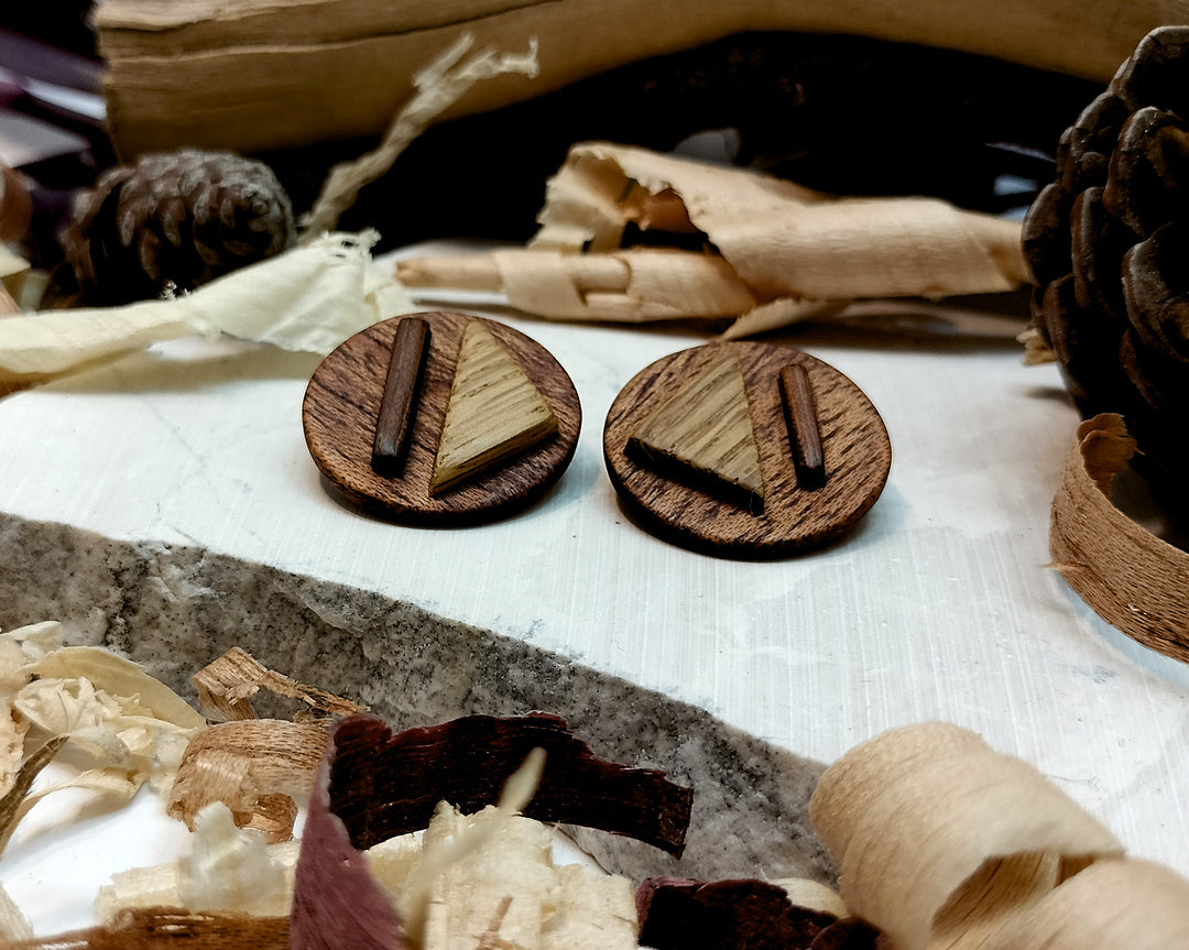 Round stud earrings  "The Triad" from Meranti, Iroko and Oak wood