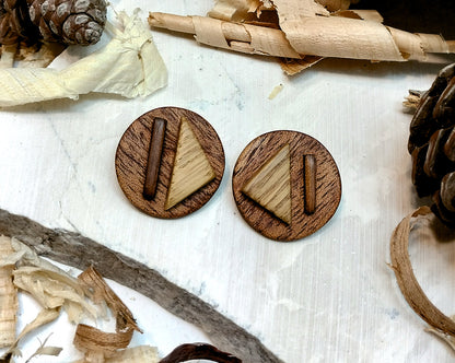 Round stud earrings  "The Triad" from Meranti, Iroko and Oak wood