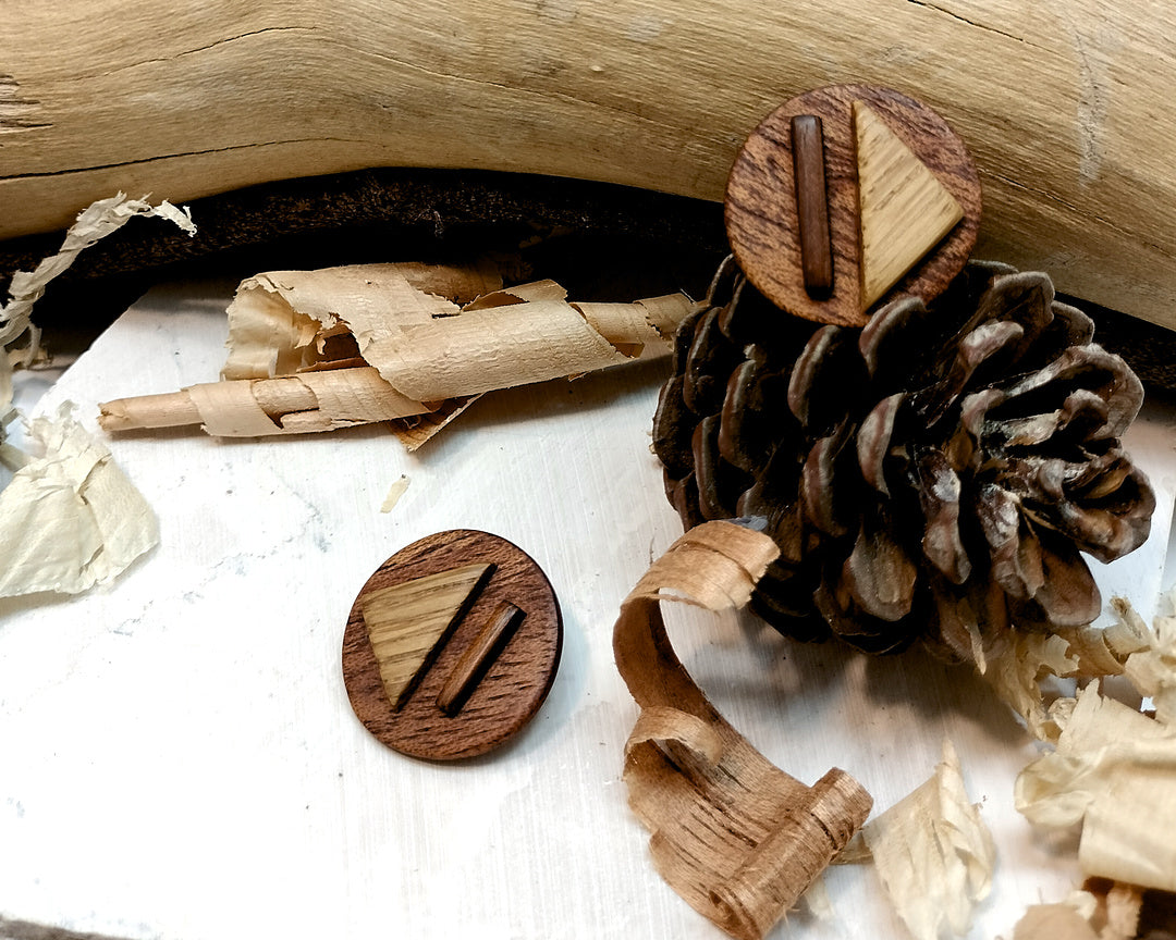 Round stud earrings  "The Triad" from Meranti, Iroko and Oak wood