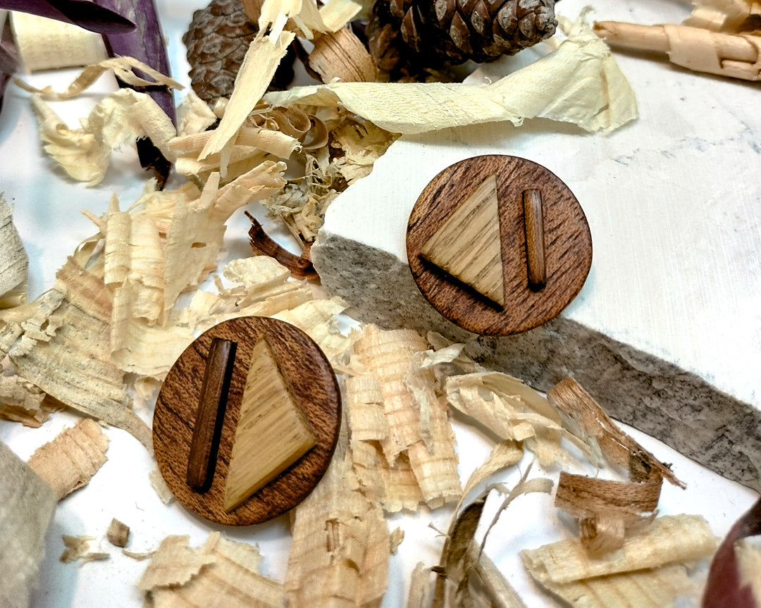 Round stud earrings  "The Triad" from Meranti, Iroko and Oak wood