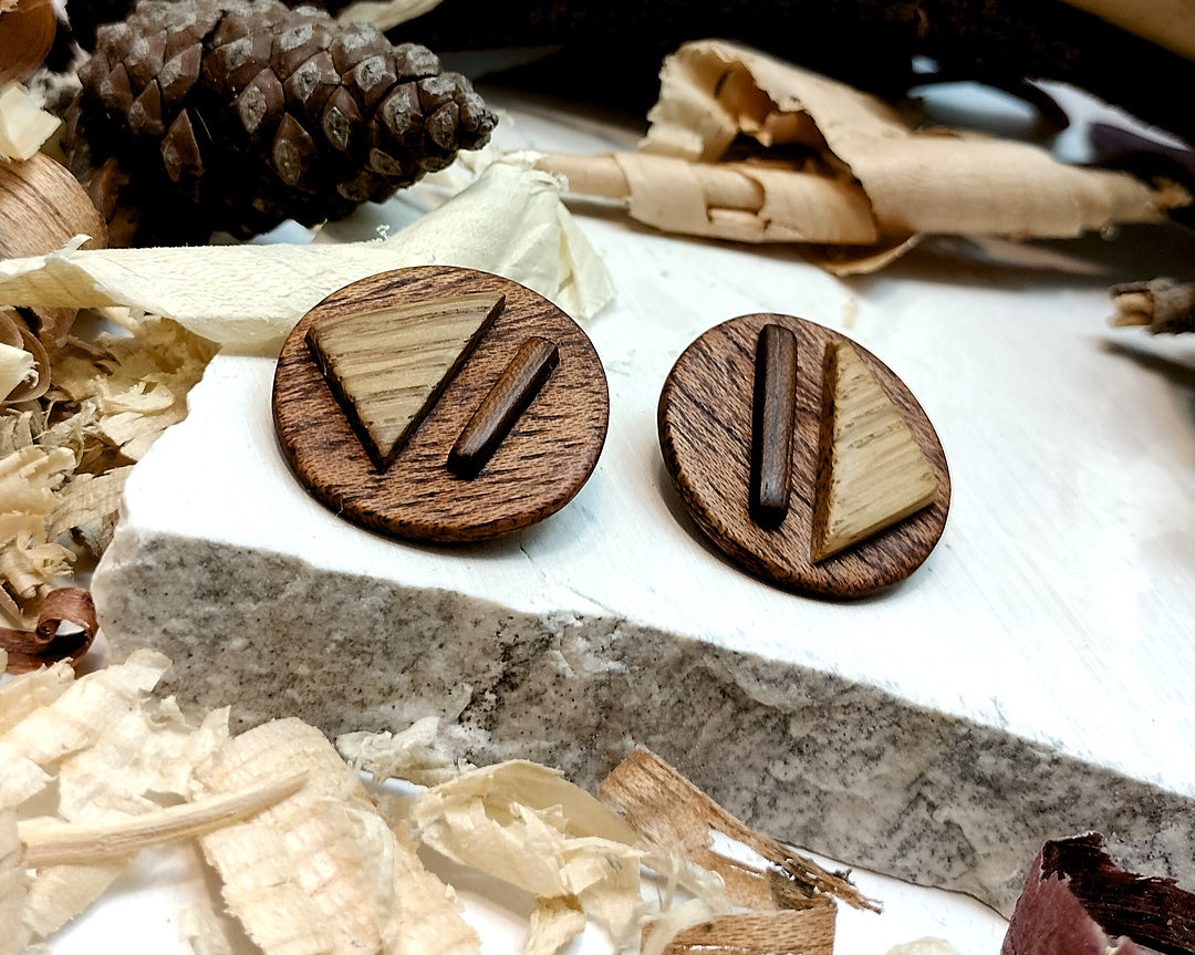 Round stud earrings  "The Triad" from Meranti, Iroko and Oak wood