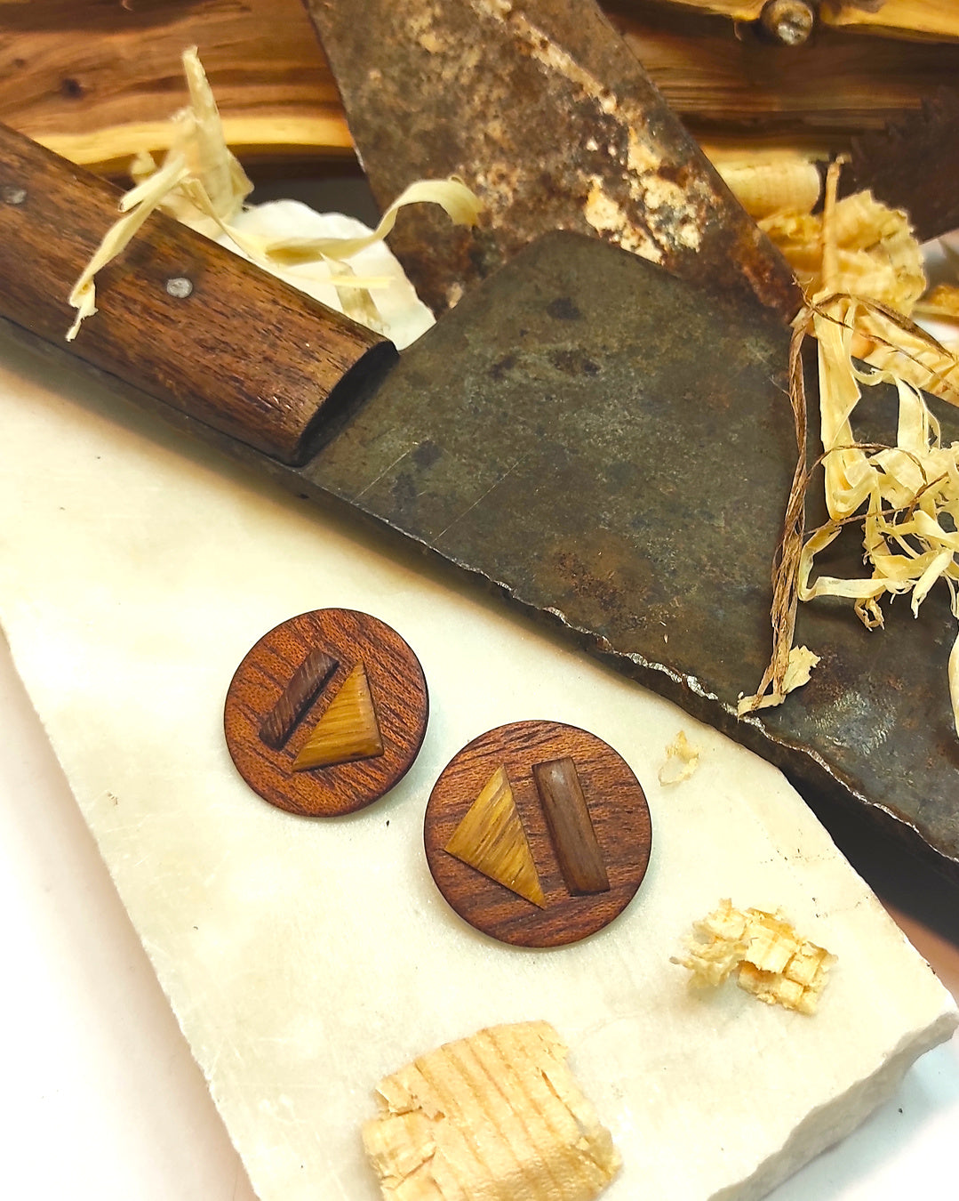 Round stud earrings  "The Triad" from Meranti, Iroko and Oak wood