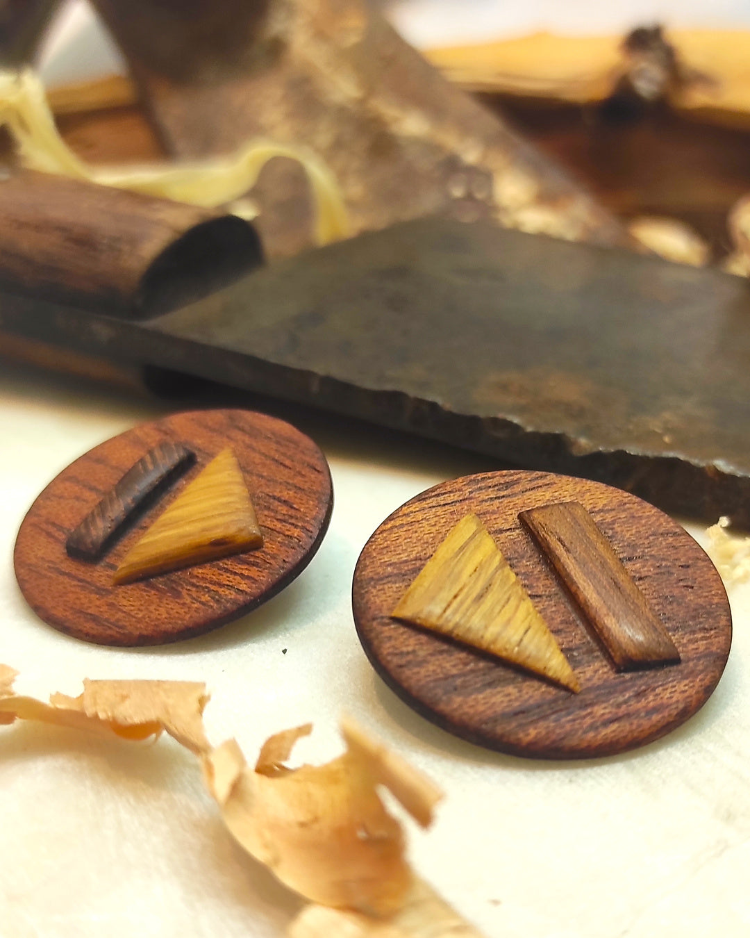 Round stud earrings  "The Triad" from Meranti, Iroko and Oak wood