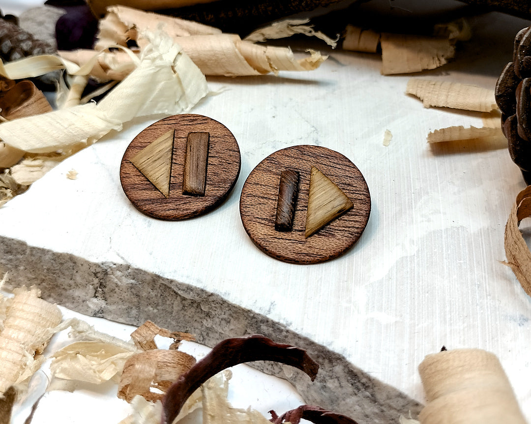 Round stud earrings  "The Triad" from Meranti, Iroko and Oak wood