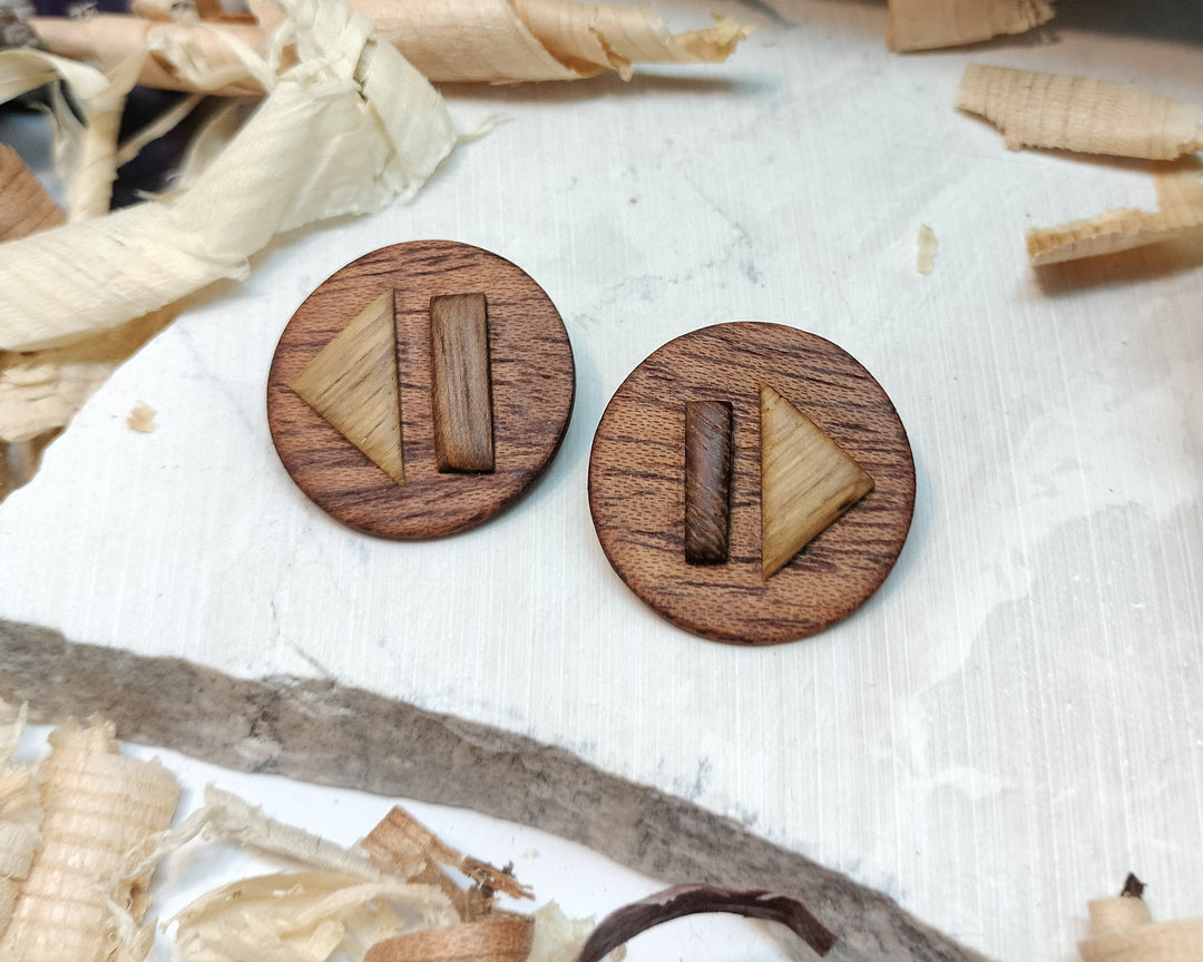 Round stud earrings  "The Triad" from Meranti, Iroko and Oak wood