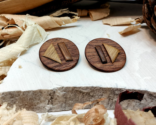 Round stud earrings  "The Triad" from Meranti, Iroko and Oak wood