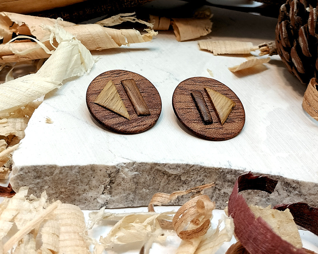 Round stud earrings  "The Triad" from Meranti, Iroko and Oak wood