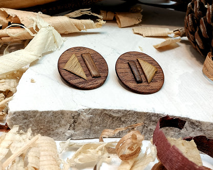 Round stud earrings  "The Triad" from Meranti, Iroko and Oak wood