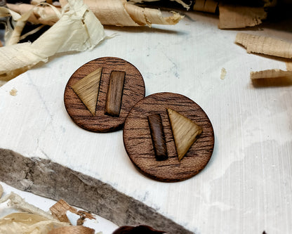 Round stud earrings  "The Triad" from Meranti, Iroko and Oak wood