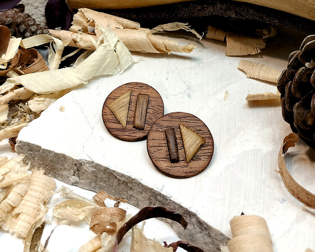Round stud earrings  "The Triad" from Meranti, Iroko and Oak wood