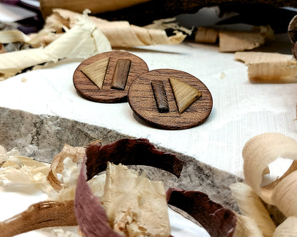Round stud earrings  "The Triad" from Meranti, Iroko and Oak wood