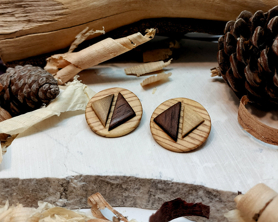 Round stud earrings  "The Dual Arrow" from Pine, Iroko and Hard White wood