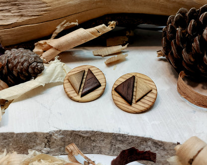 Round stud earrings  "The Dual Arrow" from Pine, Iroko and Hard White wood