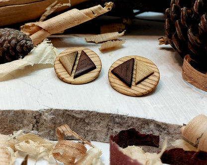 Round stud earrings  "The Dual Arrow" from Pine, Iroko and Hard White wood