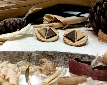 Round stud earrings  "The Dual Arrow" from Pine, Iroko and Hard White wood
