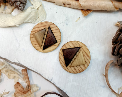 Round stud earrings  "The Dual Arrow" from Pine, Iroko and Hard White wood