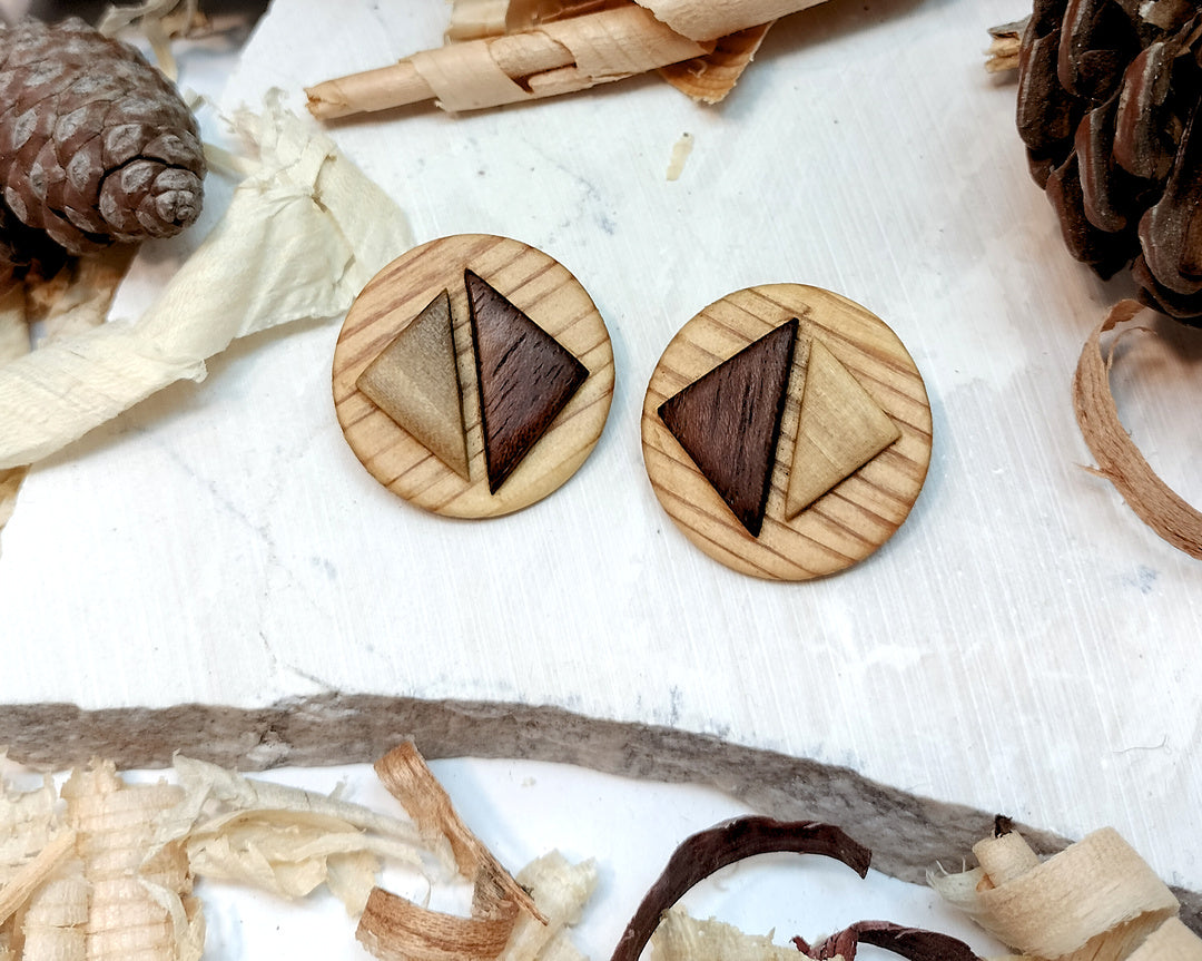 Round stud earrings  "The Dual Arrow" from Pine, Iroko and Hard White wood