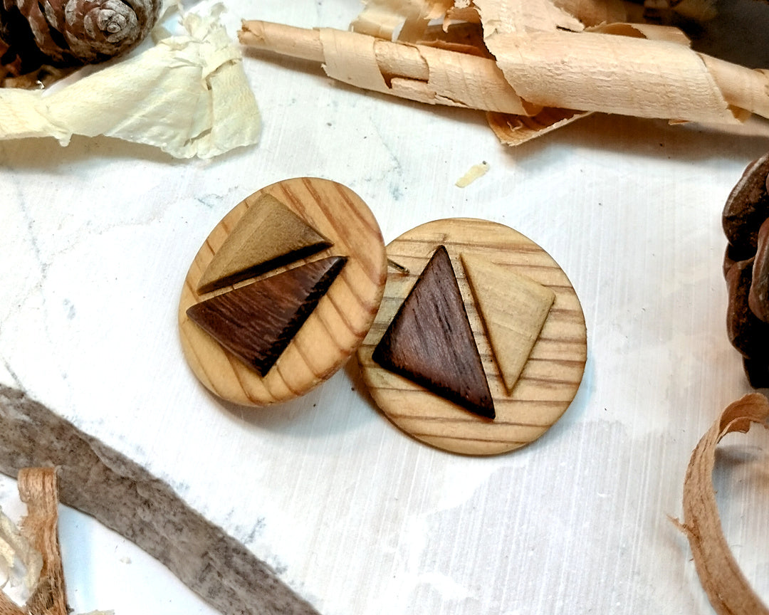 Round stud earrings  "The Dual Arrow" from Pine, Iroko and Hard White wood