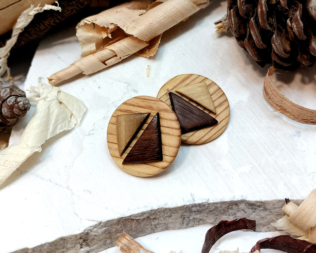 Round stud earrings  "The Dual Arrow" from Pine, Iroko and Hard White wood