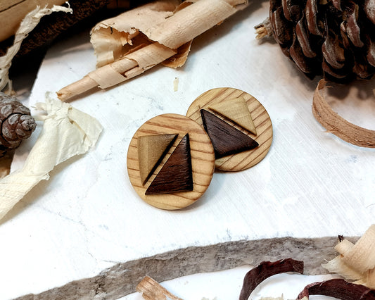 Round stud earrings  "The Dual Arrow" from Pine, Iroko and Hard White wood