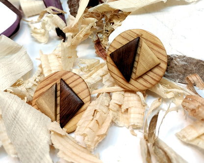 Round stud earrings  "The Dual Arrow" from Pine, Iroko and Hard White wood