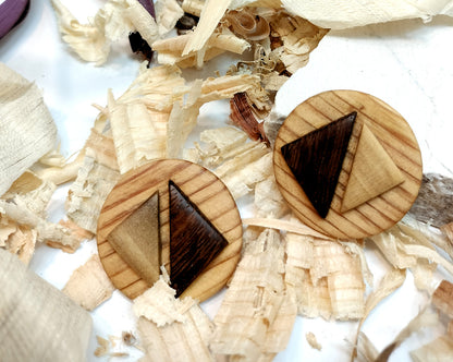 Round stud earrings  "The Dual Arrow" from Pine, Iroko and Hard White wood
