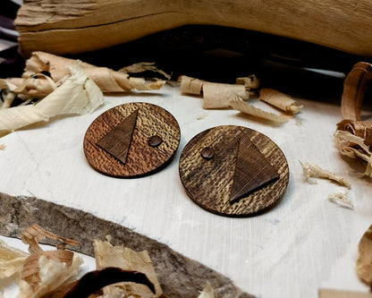 Round stud earrings  "The Oak Crown" from Meranti, Iroko and Oak wood
