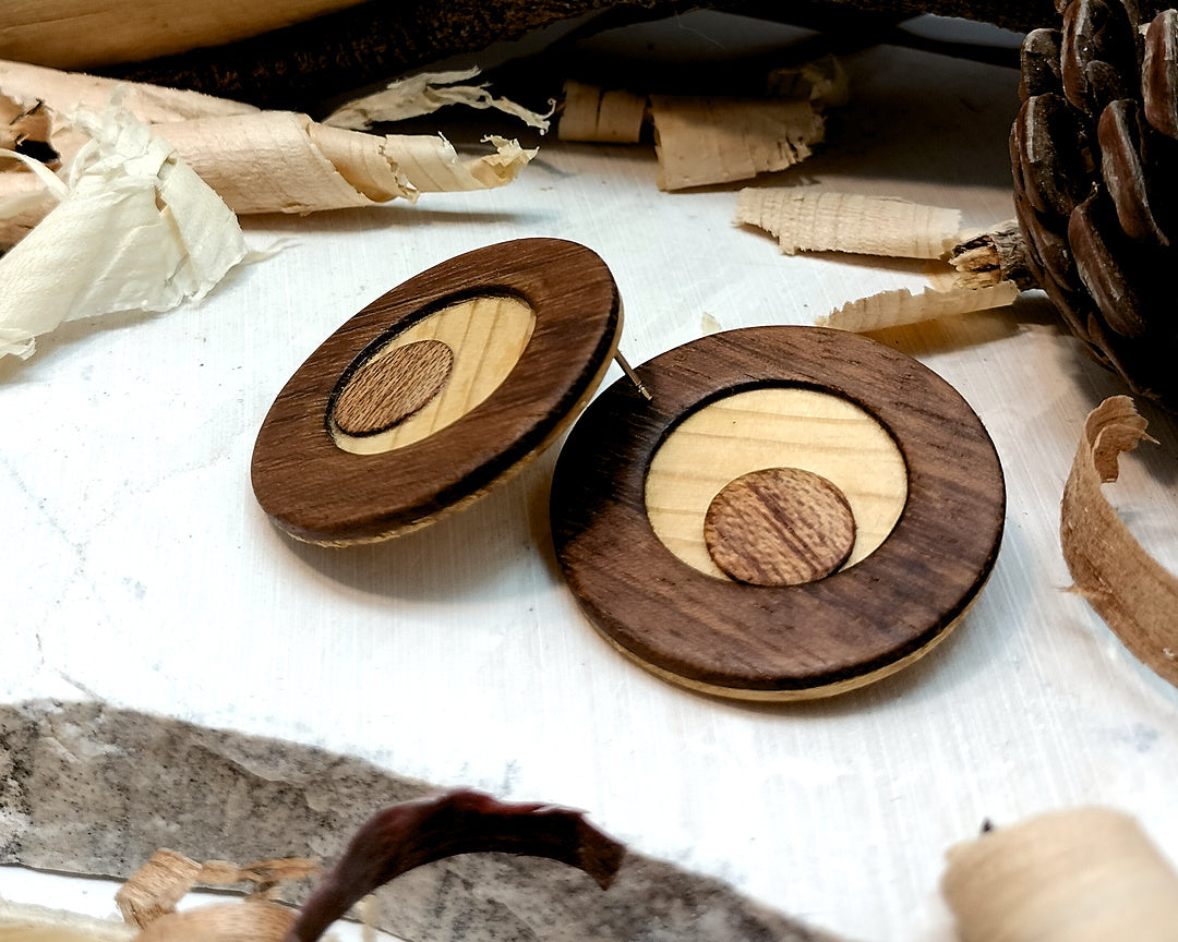 Round stud earrings  "The Pine Eye" from Pine, Iroko and Meranti wood