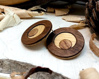 Round stud earrings  "The Pine Eye" from Pine, Iroko and Meranti wood