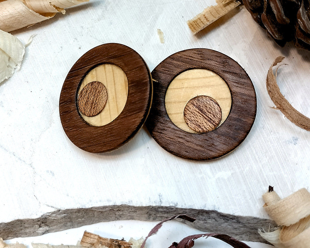 Round stud earrings  "The Pine Eye" from Pine, Iroko and Meranti wood