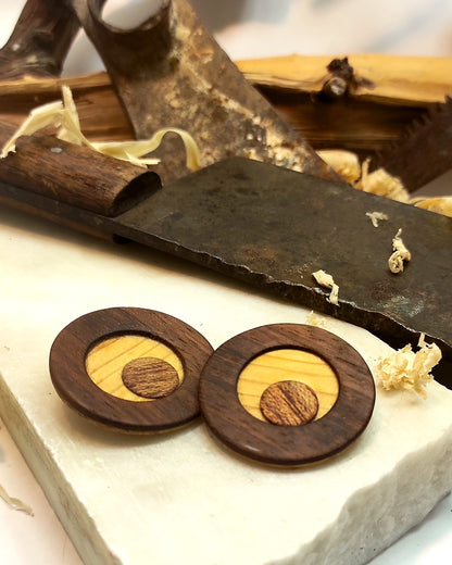 Round stud earrings  "The Pine Eye" from Pine, Iroko and Meranti wood